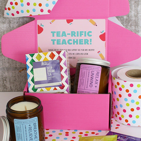 TEA-RIFIC TEACHER Mini Custom Hamper | PERSONALISED | Candle & Tea Gift Pack | Thank You | Christmas | Kris Kringle
