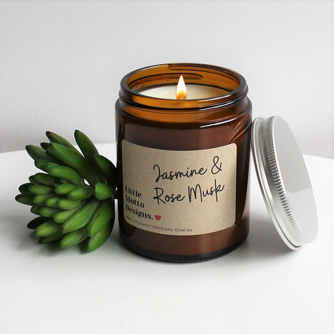 Artisan Soy Candle | JASMINE & ROSE MUSK | Amber Glass Jar | 2 SIZES