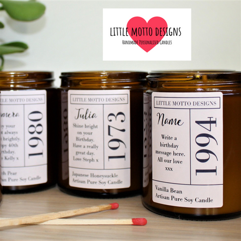 CUSTOM YEAR Candle | Personalised Gifts | Create Your Own Candle Label | Amber Glass Jar