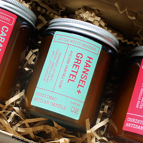 CHRISTMAS Artisan Soy Candle | HANSEL & GRETEL | Amber Glass Jar | Gift Boxed